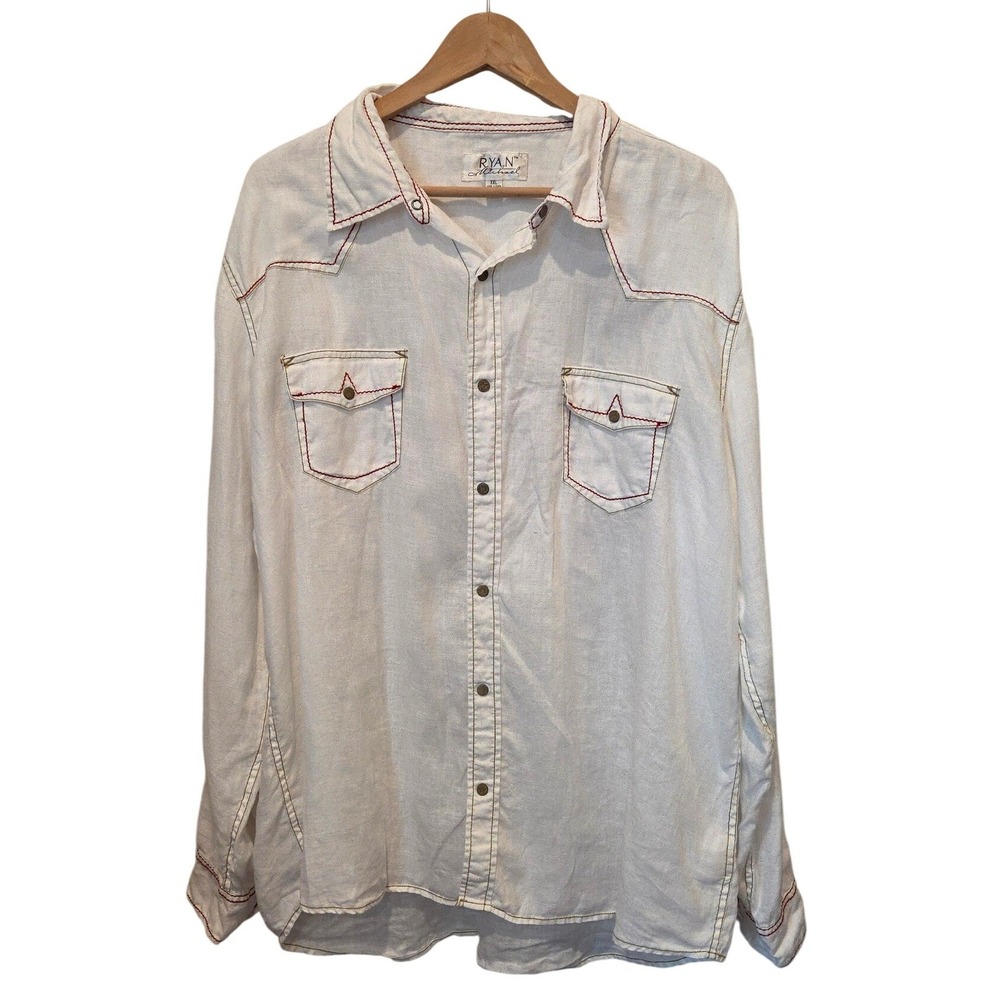 Ryan Michael Western‎ Linen Shirt Contrast Stitch White Cowboy XXL